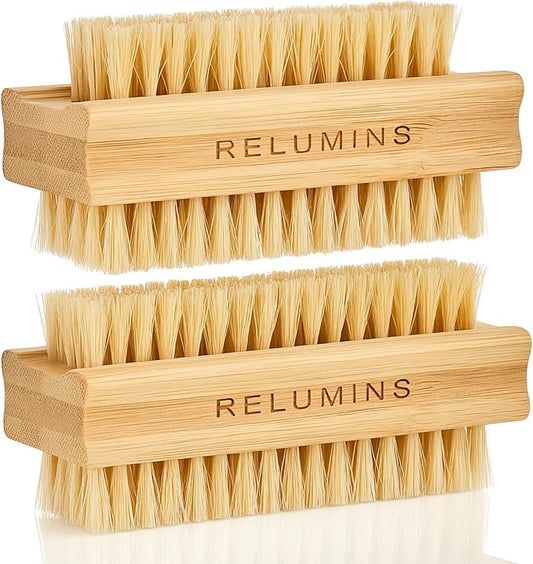 Relumins Dual Sided Nail Brush Bamboo Handle Bristle Exfoliating Tool for Hand Foot Care Grooming Travel Hygiene Use - 2 PC Set