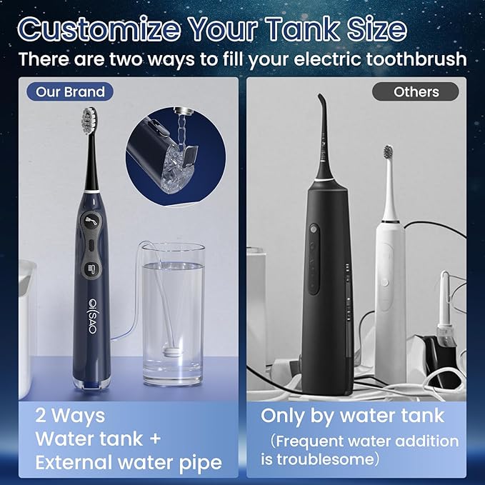 OILSAO 3-in-1 Flossing Toothbrush-Flosses, Vibrates and Oscillates, Electric Toothbrush with Water Flosser Equipe 5 Brush Heads, Plaque Removal for Sensitivity, Braces-Blue