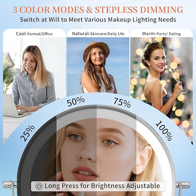 FUNTOUCH 30X/1X Wall Mounted Lighted Makeup Mirror, 5000mAh Rechargeable 9" Double Sided Magnifying Bathroom Mirror, 3 Color Modes Touch Dimmable Extended Arm 360 Rotation with Adapter,Chrome