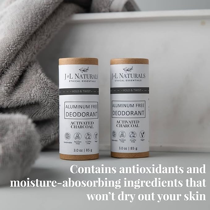 J&L Naturals Aluminum Free Deodorant for Men & Women | 100% Natural Ingredients With Coconut Oil, Shea Butter, & Essential Oils | Sustainable, Eco-Friendly (Activated Charcoal, 3.0 Oz (Pack of 2))