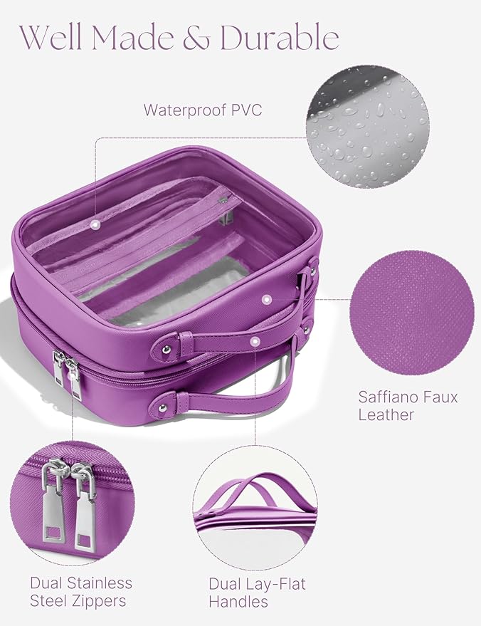 Oaque Clear Cosmetic Bag Double Layer Travel Toiletry Bag Clear Makeup Bag Case with 4 Compartments, Transparent Travel Bag for Toiletries, Large Toiletry Bag for Women Cosmetic Case (Purple, Large)