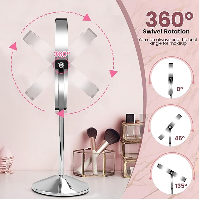8" Makeup Mirror with Lights, Vanity Mirror with 1X/10X Magnification, Touch Screen 3 Colors Dimmable 54 LED Lights Brightness Adjustable 360° Rotation for Tabletop