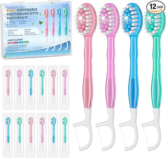 5-in-1 Disposable Toothbrush with Toothpaste(12 Pack), Individually Wrapped Mini Travel Toothbrush, Soft Bristles, Dental Floss, Toothpick & Tongue Scraper, No Water Needed, 4 Flavors
