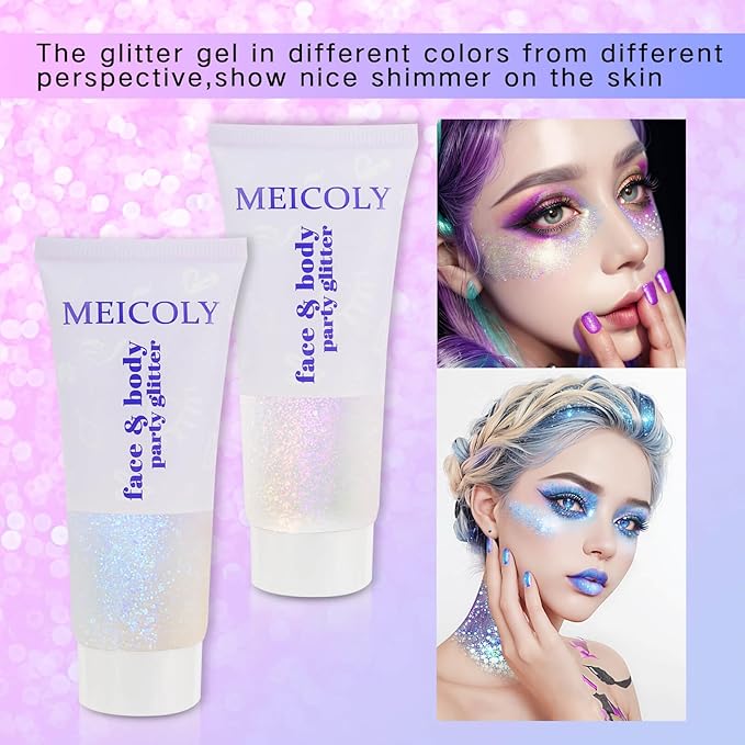 MEICOLY Fine Face Body Glitter,Holographic Color Changing Glitter Gel for Body,Face,Hair,Lip,Eye,Long Lasting Self-Adhesive Sequins Glitter Face Paint Makeup,Sparkling Pink,50ml
