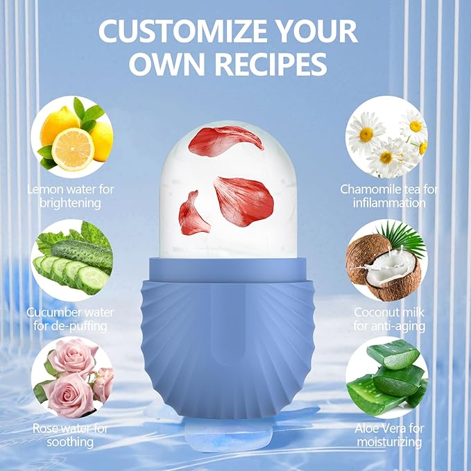 Ice Roller for Face and Eye, Silicone Ice Facial Roller Ice Holder, Face Ice Mold Skin Care, Face Icers Reusable Ice Cube Roller for Shrink Pores Anti Wrinkle Reduce Puffiness, Blue