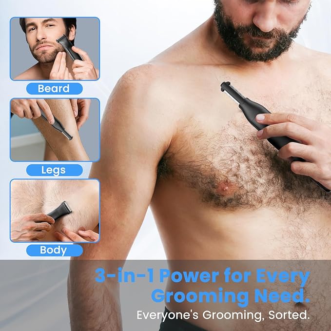 Manscape Body Hair Trimmer for Men - 3-in-1 Electric Shaver, IPX6 Waterproof Wet/Dry Groomer Kit for Chest, Underarms, Pubic & Legs, with USB Recharge Razor
