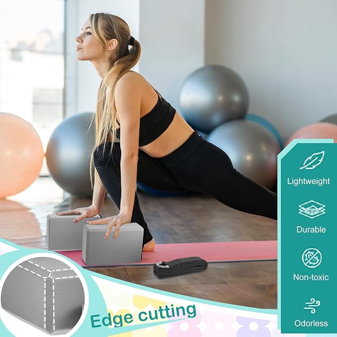Meooeck 18 Pcs Yoga Block and Strap Set 9 x 6 x 3 Inch EVA Foam Non Slip Brick 8 ft Yoga Straps for Stretching D Ring Design Christmas Fitness Gifts for Women Pilates Workout Exercise