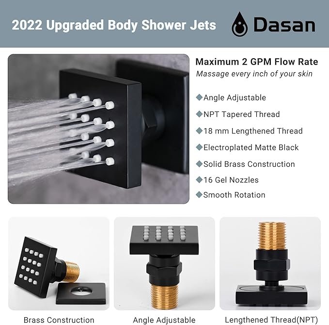 Matte Black Shower System with 4 PCS Shower Body Spray Jets & 12’’ Ceiling Shower Head & Handheld Spray, DASAN Full Body Shower Faucet System with Jets Rainfall Shower Combo Set, SA-SS03BMB-S12C