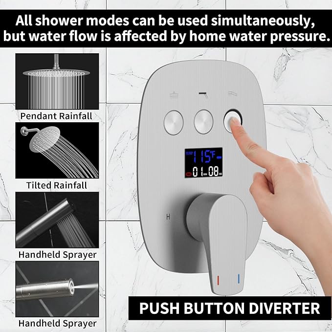 HONGTONGSOWER Brushed Nickel Shower System 3-Function Ceiling Shower Faucet Set with 12" and 8" Rainfall Dual Shower Head and Handheld Shower with Adjustable Slide Bar, Full Body Shower System Fixture