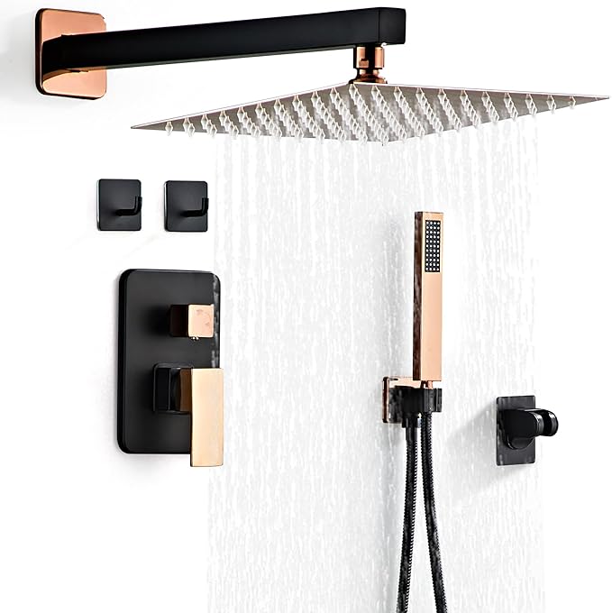 LCEVCGK Shower Faucet Set, Matte Black and Rose Gold Rainfall Shower System Complete Wall Mounted for Bathroom with 12 Inch Square Shower Head and Handheld Shower Head Rain Mixer Combo Set
