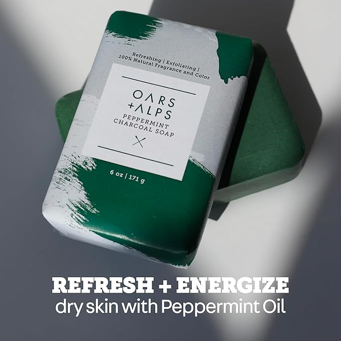 Oars + Alps Peppermint Charcoal Exfoliating Bar Soap for Men, Deep Cleaning & Exfoliating Soap, Made with Clean Ingredients, All Skin Types, Cruelty Free, Paraben Free, Travel Size, 6pk, 6oz