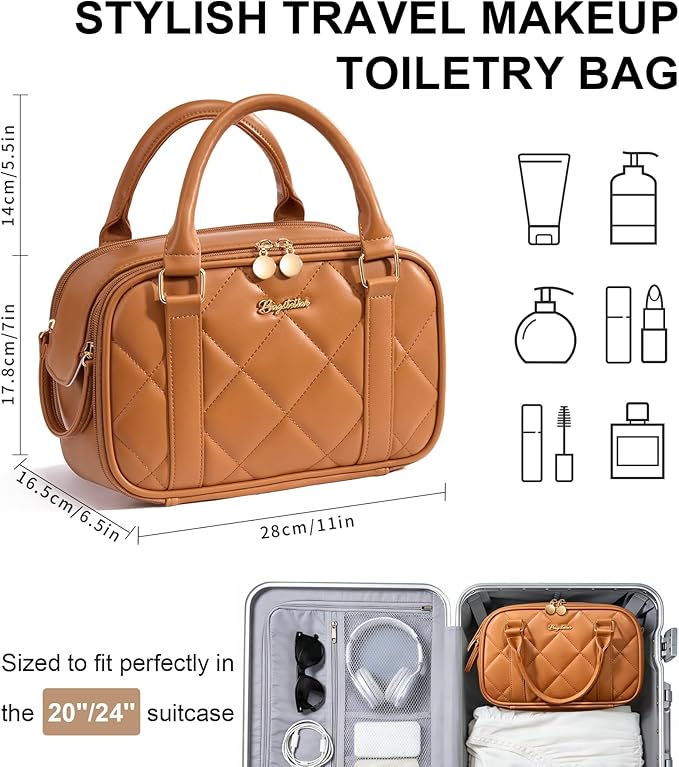 Bagstellar Travel Makeup Bag, Large Capacity Quilted Toiletry Bags for Women, Wide-open Cosmetic Bags Make Up Case Organizer Portable Pouch with Handle & Brush Holder for Traveling Accessories, Brown