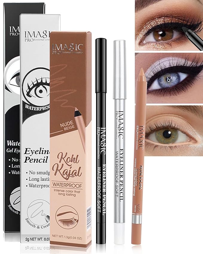 Nude Beige Black White Water Line Gel Eyeliner Pencil-3Pcs Waterproof Longlasting Cream Eye Liner Waterline Brightener Pen, Smooth Easy-to-Sharpen Pencil,Thanksgiving Eye Makeup Gift Set for Girl