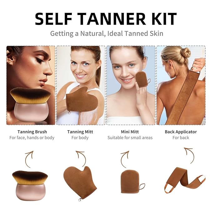 Premium Self-Tanning Kit – 4-Piece Professional Tan Applicator Set with 2 Mitts, Back Strap & Kabuki Brush | Streak-Free Fake Tan Mitt for Body & Face | Vegan Leather, Waterproof