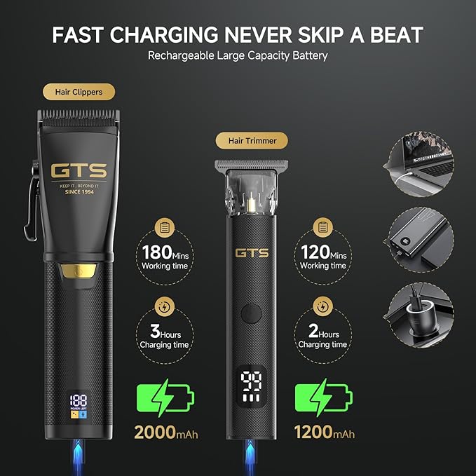 GTSPRO Hair Clippers for Men Professional, Cordless Clippers for Hair Cutting, Mens Hair Clippers and Trimmer Kit for Barber with LED Display 15 Guide Combs