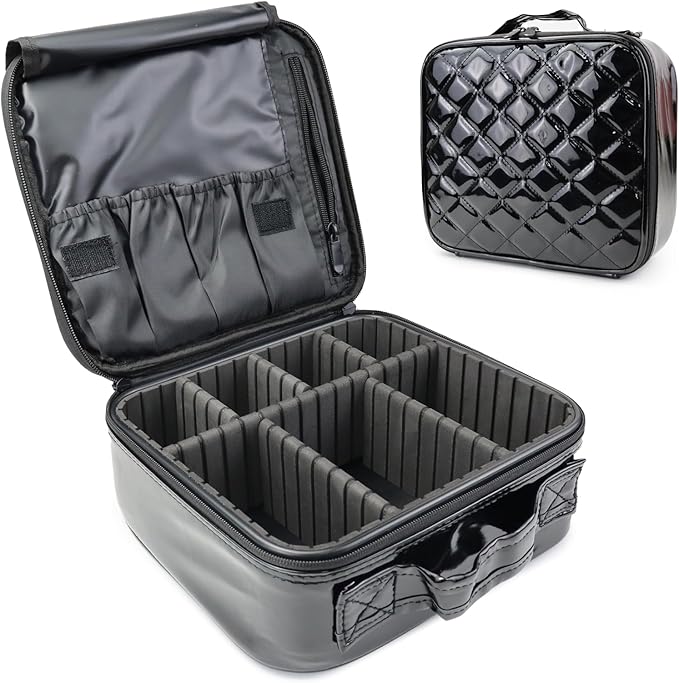 SLUMAZI Travel Makeup Bag Makeup Cosmetic Train Case Organizer Portable Storage Bag with Adjustable Dividers for Cosmetics Makeup Brushes Toiletry Jewelry Black Laser Grid Pattern