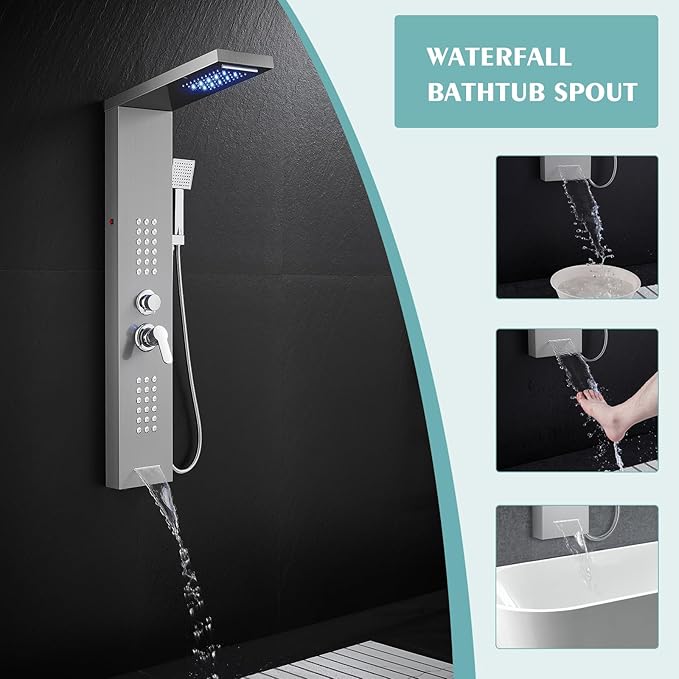 KINKIB LED Shower Panel Tower System with Rainfall Waterfall Shower Head, 5-in-1 Shower Tower with Powerful Body Jets, Handheld and Tub Spout, Shower Column Stainless Steel, Brushed Finish