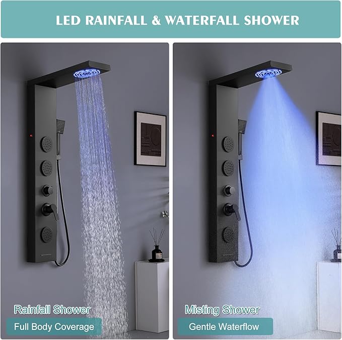 KINKIB Matte Black Shower Panel for Bathroom - 5 In 1 Full Body Shower Tower With Led, Rainfall Shower Head With Powerful Body Jets, Handheld Shower And Tub Spout
