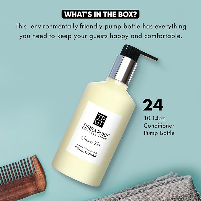 Terra Pure Green Tea Conditioner 10.14oz Pump |Clean Honey & Aloe Vera Formula for Hotels, Resorts, & Vacation Rentals | Moisturizing Bath Wash for Guest Amenities and Hospitality Toiletries | 24/case