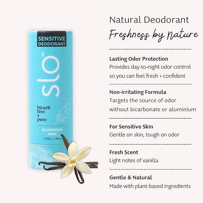 Slo | Sensitive Skin Natural Deodorant - All Natural Ingredients, Vegan & Cruelty Free, Paper Packaging | Bicarb Free + Vanilla, (1.94oz/55g)