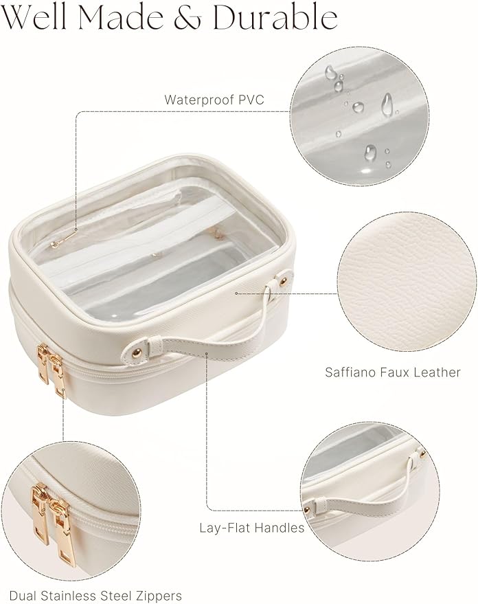 Oaque Clear Cosmetic Bag Double Layer Travel Toiletry Bag Clear Makeup Bag Case with 4 Compartments, Transparent Travel Bag for Toiletries, Large Toiletry Bag for Women Cosmetic Case (White, Small)