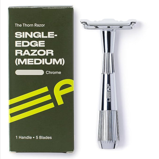Leaf Thorn Razor by Leaf Shave, All-Metal Single Blade Razor for Men and Women, Fixed Head with Magnetic Load Assist, Includes 5 Stainless Steel Blades - Face Shaving and Coarser Hair - Chrome