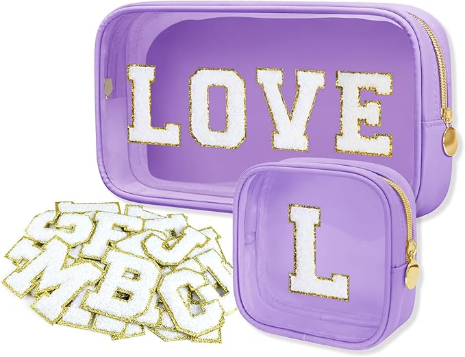 GODEAGLE 2PCS Personalized Makeup Bag Set, 2PCS Toiletry Bag & 26 Chenille Letters, Clear Makeup Pouch, Preppy Stuff Gifts for Teen Girls (Purple)
