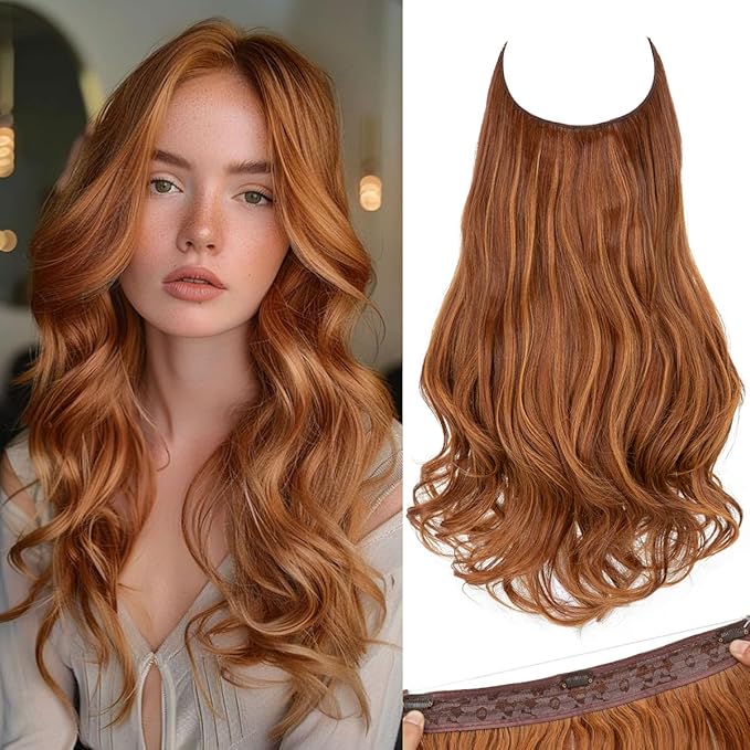 SARLA Invisible Wire Hair Extensions with 3 Clips Short Wavy Curly Synthetic Hairpiece for Women Adjustable Transparent Headband 14 Inch Tizian Red