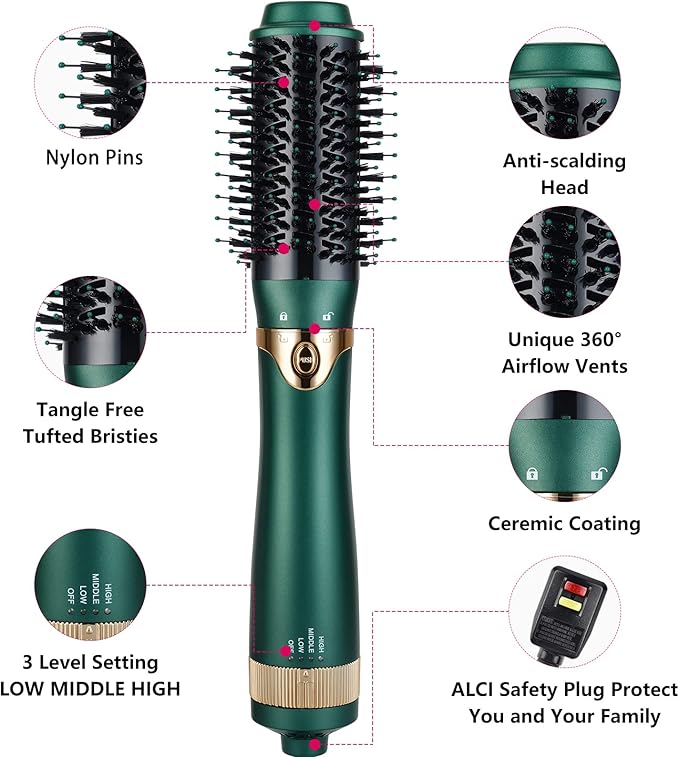 3 in 1 Hair Dryer & Volumizer, Ceramic Negative Ion Curling Dryer Styler with 3 Interchangerable Brush Heads (Green)