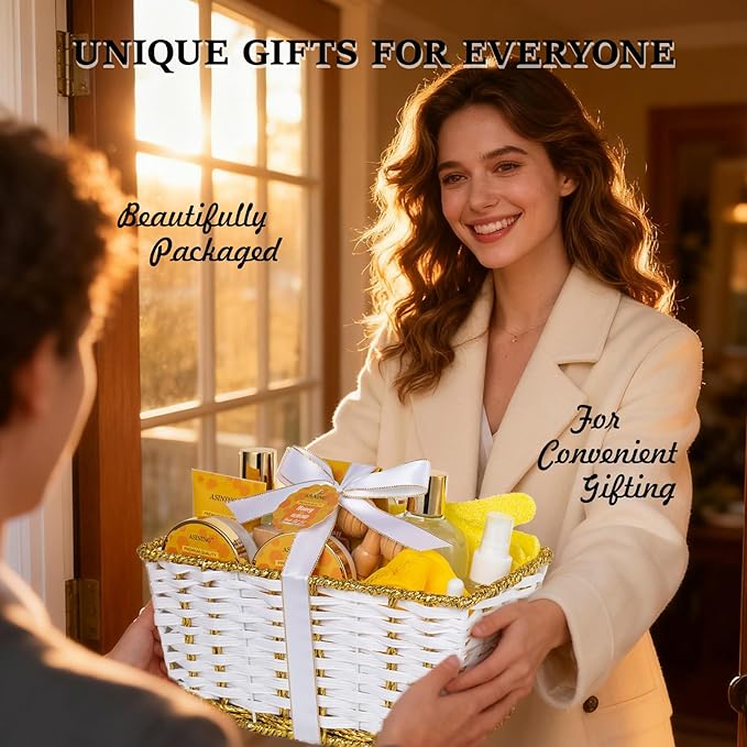 Gifts for Women Gift Basket for Women - 17 Pc Honey Almond Scented Home Bath Pampering Package Spa Bath & Body Gift Set, Luxury Home Spa Bath Gift Basket, Pamper Gifts for Woman & Teens