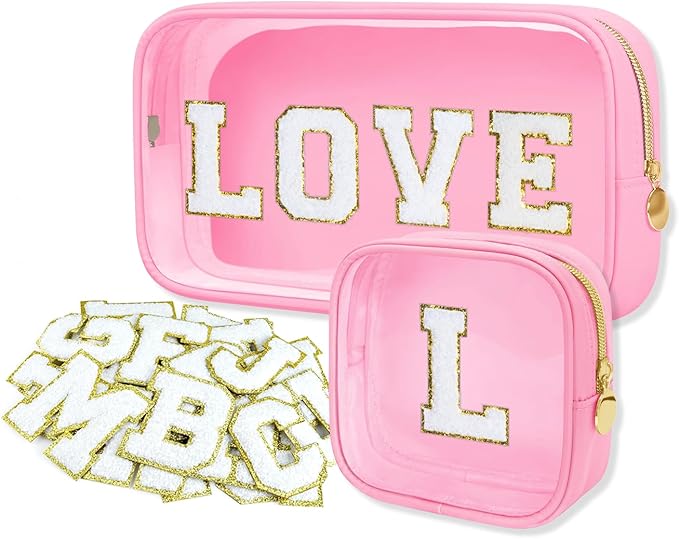 GODEAGLE 2PCS Personalized Makeup Preppy Bag Set, 2PCS Toiletry Bag & 26 Chenille Letters, Clear Makeup Pouch, Birthday Gifts for Girls (Pink)