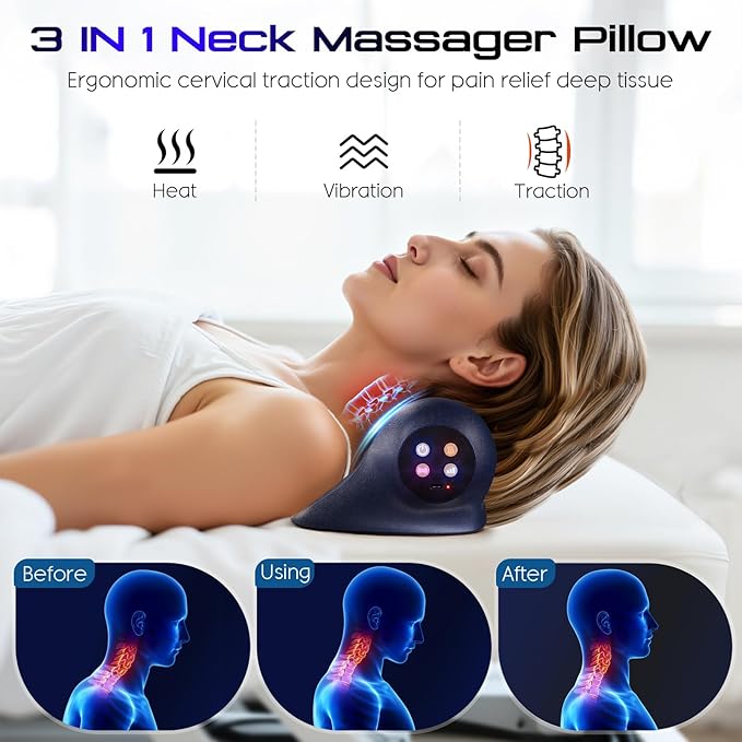 JDZ Neck Massager with Heat, 3-in-1 Electric Cervical Massager for Pain Relief with Hot Compress, Ergonomic Neck and Shoulder Relaxer Stretcher - ldeal Gift for Office Athletes Everyone etc, Blue