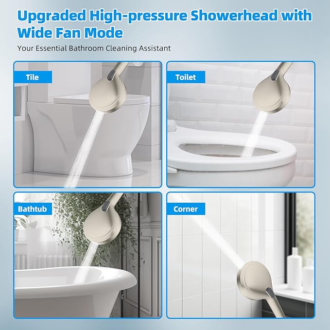 Hibbent All Metal CUPC Certified Shower Head, 8'' High Pressure Rainfall Shower Head, Handheld Showerhead Combo, 12'' Adjustable Extension Arm, 10 Sprays, 71'' Hose, Showerhead Holder, Brushed Nickel