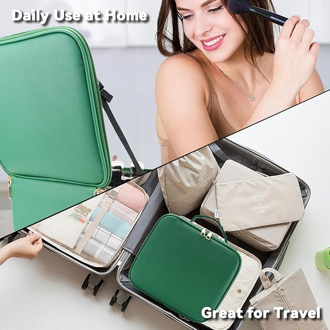 SLUMAZI Travel Makeup Bag with LED Mirror and 10x magnifying glass with 3 Lighted Settings, Adjustable Dividers and Makeup Brush Storage Bag Dark Green