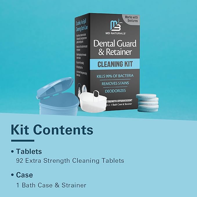 Retainer Cleaner and Soak Container, No-Mess Cleaning Tablets with Universal Denture Bath Case and Strainer, Multipurpose, for Mouth Guard Stains, Odor, and Plaque (92 Tablets + 1 Bath) by M3