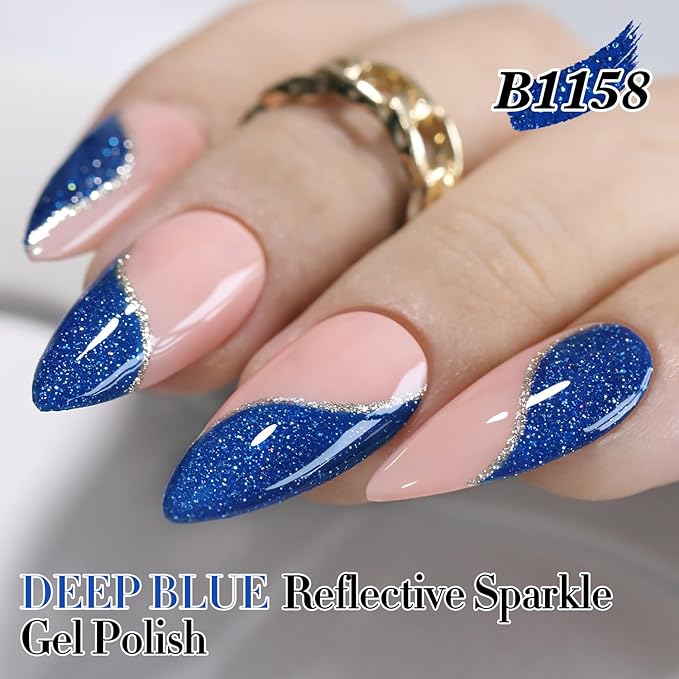 Double Rhythm 15ML Glitter Gel Polish Shimmer Reflective Holographic Color Magnetic for Nail Art Salon DIY at Home (Deep Blue-B1158)