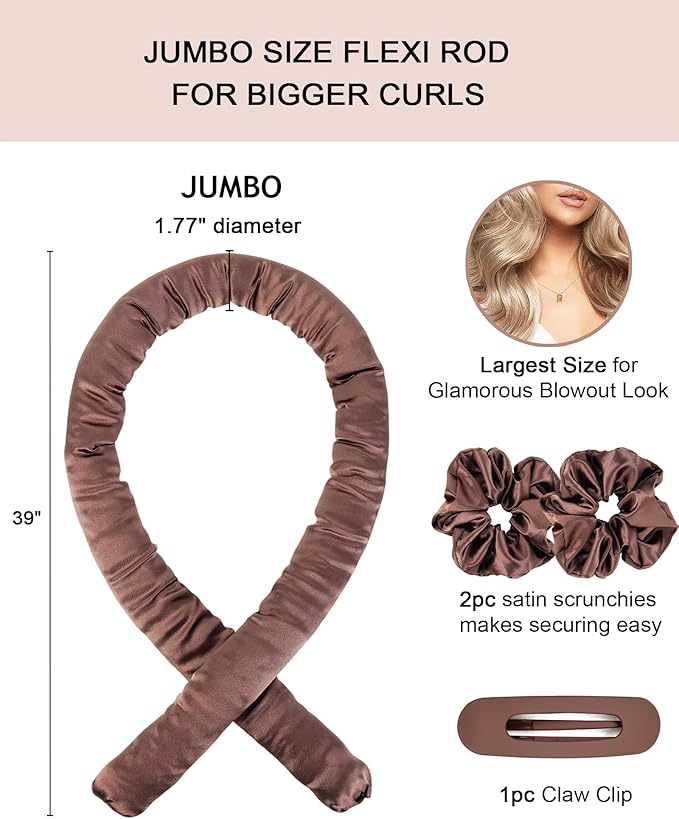 Jumbo Heatless Curls Overnight Hair Curler to Sleep In Soft Large Hair Rollers for Long Hair Blowout Look No Heat Overnight Curls, Satin Flexi Rods for Big Curl Heatless Curling Rod Set with Clip