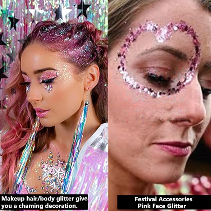Go Ho Pink and White Body Glitter Set,Singer Concerts Face Glitter Gel Makeup,Holographic Long Lasting Chunky Sequins Glitters for Eye Lip Hair Nails,Festival Rave Accessories,White&Pink