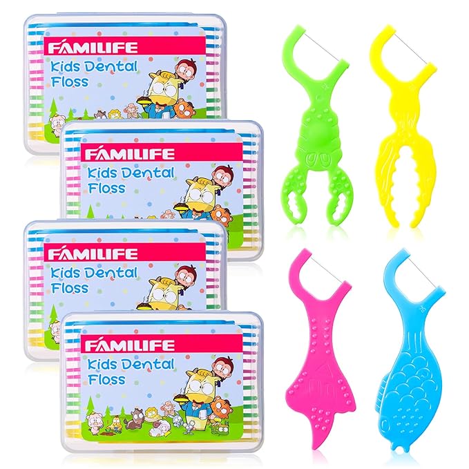 FAMILIFE Kid Floss Picks, 120 Pcs Kid's Dental Floss Pick Without Fluoride, Kid Flossers with 4 Travel Handy Cases, Helps to Fight Tooth Decay and Keep Your Kids’ Teeth Clean