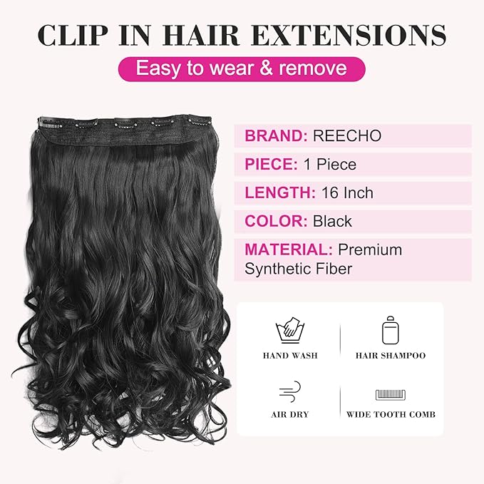 REECHO 16" 1-Pack 3/4 Full Head Curly Wavy Clips in on Synthetic Hair Extensions HE008 Hairpieces for Women 5 Clips 3.9 Oz per Piece - Natural Black