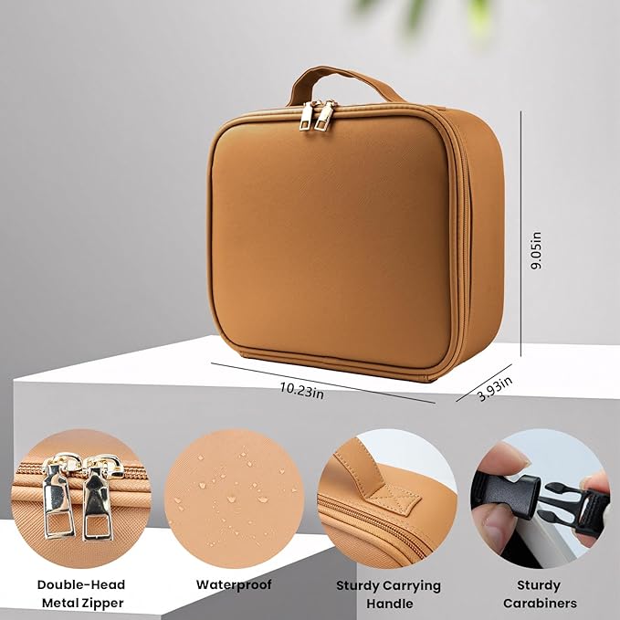 SUILU Makeup Bag with Led Mirror,Portability Cosmetic Case Portable Cosmetic Brush Organizer Bag with Adjustable Dividers,Gift for Women,Girls Gift (Light Brown)