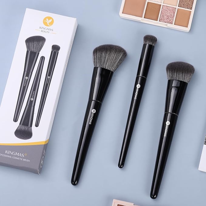 KINGMAS Foundation Makeup Brushes, 3Pcs Kabuki Contour Concealer Makeup Brush, Vegan & Cruelty-Free, Synthetic Cosmetic Under Eye & Blusher Face Brush (Black)