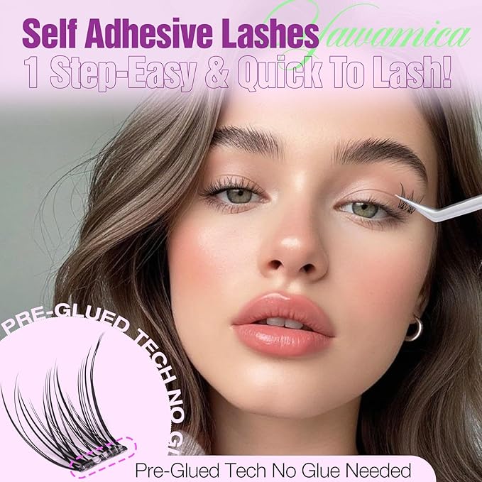 Yawamica Self Adhesive Eyelashes Natural Lash Clusters 9-12mm Pre-Glued Wispy Eyelash Clusters No Glue Press On Eyelash Extensions CC Curl Clear Band DIY Individual Lashes for Beginners