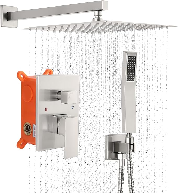 POPFLY Recessed 2-Function Shower System with 10" Square Rainfall Shower Head & High Pressure Handheld Spray – Wall Mounted Shower Faucet Set, Brushed Nickel Trim Kit with Rough-in Brass Valve