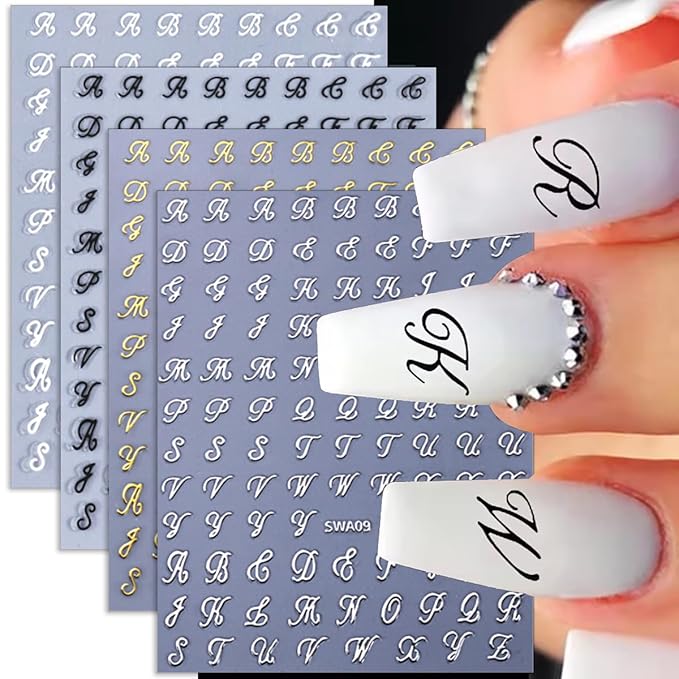8 Sheets Retro English Nail Stickers Supply 3D Self Adhesive Letters Nail Decals Design White Black Gold Silver Personalized Alphabet Nail Art Stickers for Women DIY Nail Art Manicure Decoration
