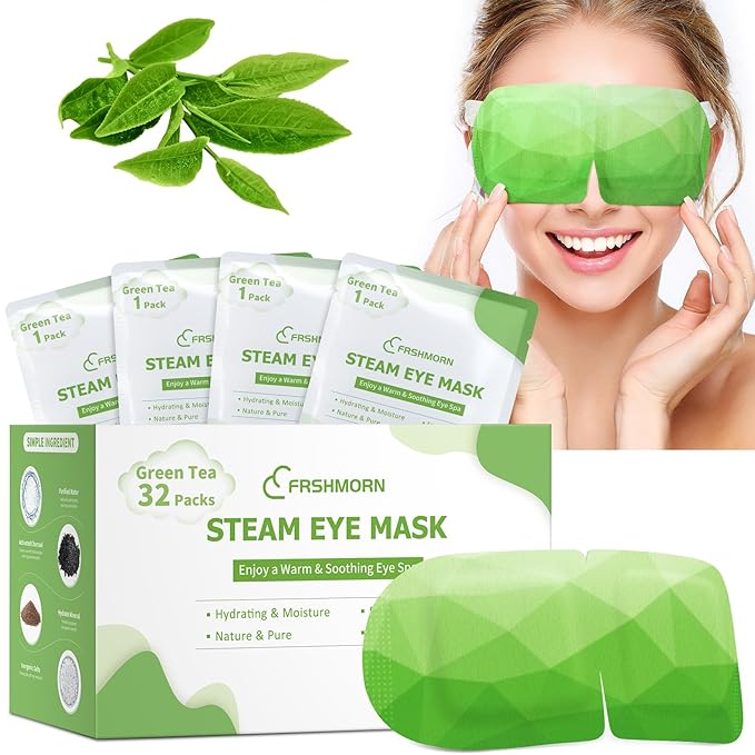 FRSHMORN 32 Packs Steam Eye Mask, Heated Eye Mask for Sleeping, Warm Compress for Eyes, Self Heating Disposal Eye Mask Comfortable Sleep Mask for Home, Office, Spa, Travel Essentials (Green Tea)
