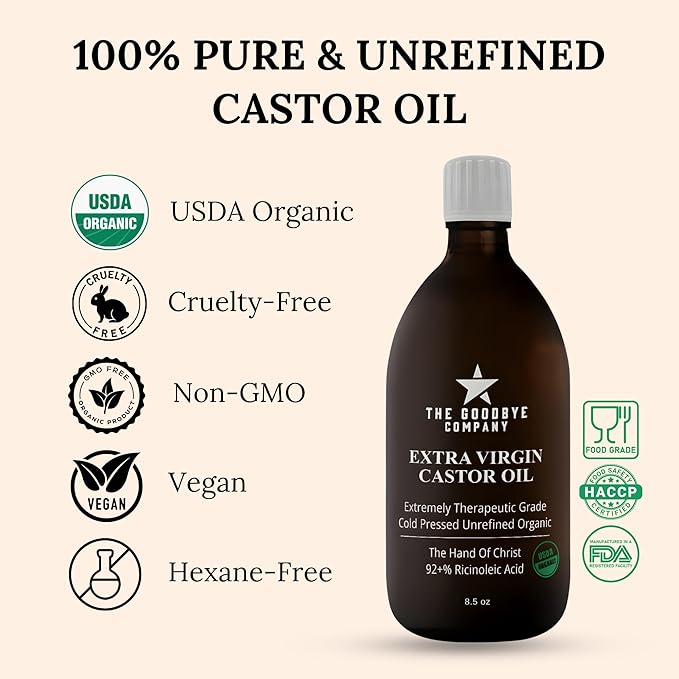 Goodbye Company USDA Organic Food Grade Cold-Pressed Castor Oil - 8.5 oz Glass Bottle, Hexane-Free, Extra Virgin, Small Batch Family Farm Ethically Sourced for Hair Growth, Digestion, Lashes, Brows