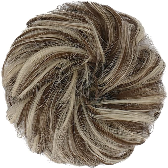 FESHFEN Messy Bun Hair Pieces - Large Wavy Curly Elastic Hair Bun Scrunchies Ponytail Extensions Synthetic Chignon Hairpieces for Women, Golden Brown & Bleach Blonde 1.94oz