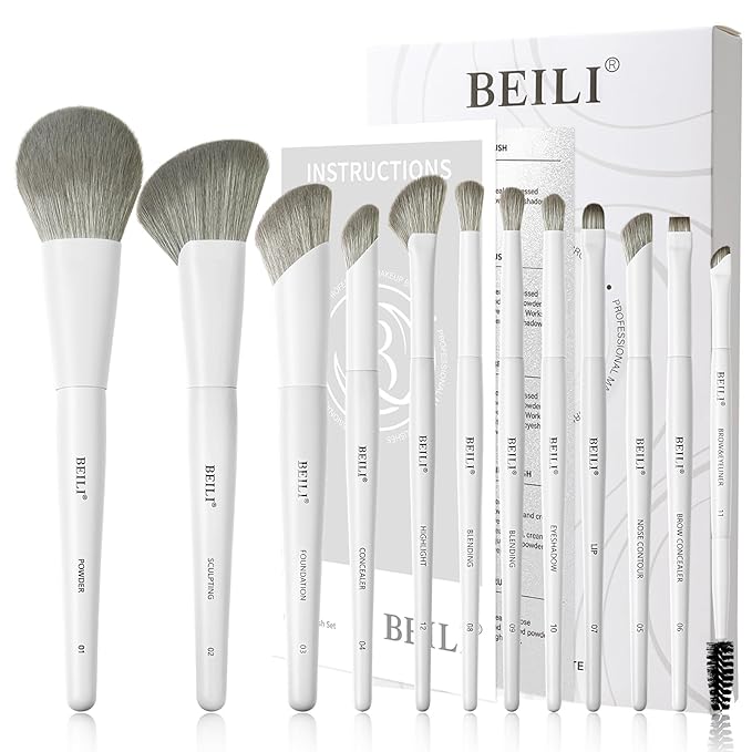 BEILI 12-Piece White Makeup Brush Set, Premium Synthetic Brushes for Foundation, Blending, Eyeshadow, Contour, Blush, and Eyeliner, Luxury Gift-Ready