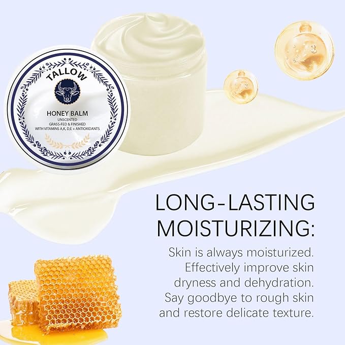 Hemdnt Grass Fed Honey & Tallow Balm -Beef Tallow Beeswax and Honey Moisturizer, Organic Beef Tallow Moisturizer for Face & Body Lotion Skin Care for Sensitive Skin